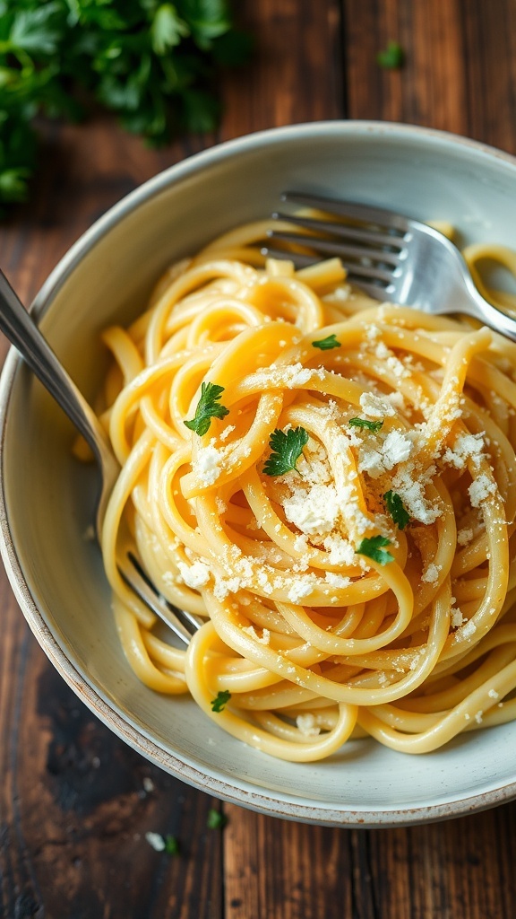 A bowl of buttered noodles with Parmesan cheese and parsley on a wooden table.